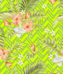 Vector tropical pattern with hibiscus flowers and exotic palm leaves. Trendy summer background. Summer floral illustration.	