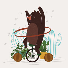 Cute bear playing hula hoop dance with unicyle vector illustration © floral