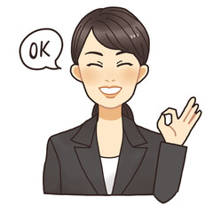 OKサインを出しているスーツの若い女性