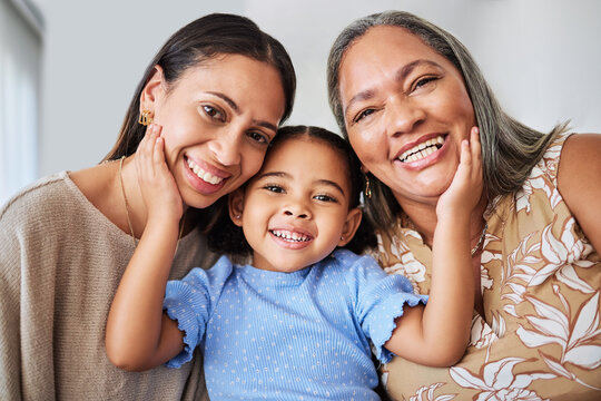 Mother, Girl And Grandma Bond In Living Room, Smile, Relax And Hug In Their Home. Face, Portrait And Happy Family Of Multigenerational Women Hug, Laugh And Enjoying Quality Time At Home Together