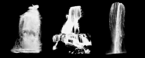 Set of waterfalls isolated on black background. Black and white illustration