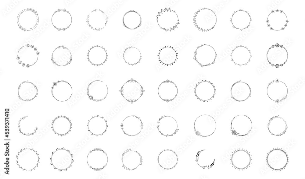 Poster set black simple line collection doodle round floral frame leaves elements vector design style sketc