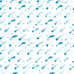 Cartoon sky background with blue shooting stars on white. Seamless space pattern with comets. Can be used for wallpaper, pattern fills, textile, web page background, surface textures.