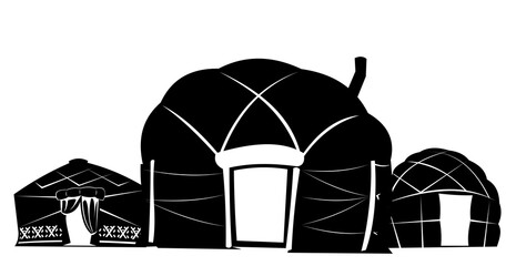 Yurt in tundra. Silhouette design. Dwelling of northern nomadic peoples in Arctic. From felt and skins. Isolated on white background. Illustration vector.