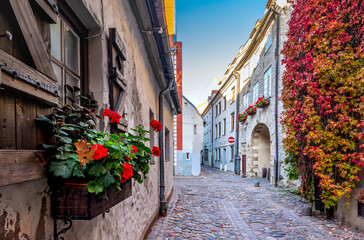 Fototapeta na wymiar Autumn in narrow medieval street in old European town 