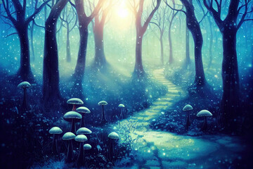 Fantasy mushroom and blue butterfly in fairy tale dreamy elf forest, fabulous fairytale deep dark wood and moon rays in night, mysterious nature background with magical glade in first winter snow. - obrazy, fototapety, plakaty
