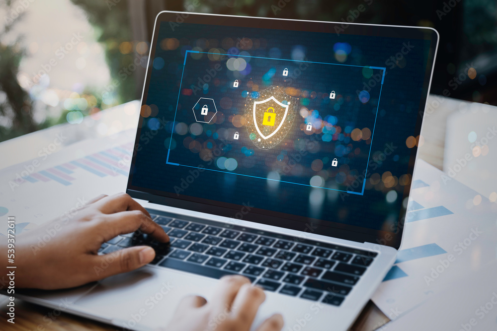 Poster laptop computer with technology cybersecurity and privacy concept. protection and safe data for glob