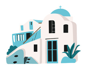 Santorini island, Greece. Beautiful traditional white architecture and traditional houses and churches with Blue domes over the Aegean caldera. Vector flat illustration.