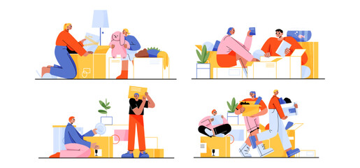 Happy family moving into new house, people relocation. Mother, father and children load, carry boxes and things to home. Characters buying real estate apartments, Line art flat vector illustration