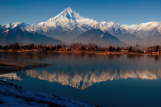 Srinagar, Kashmir, India January 28, 2021 A view of Dal Lake in winter, and the beautiful mountain range in the background in the city of Srinagar, Kashmir, India.