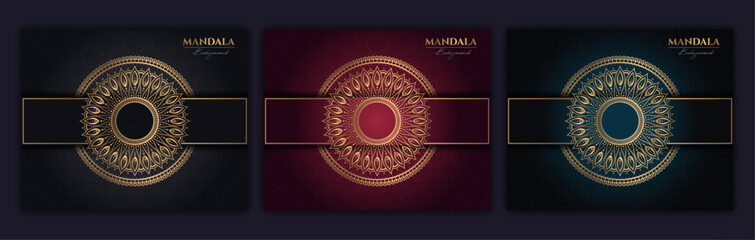 Set of abstract gold luxury mandala background vector template, Circular ornamental arabesque pattern for poster, cover, brochure, flyer. Red, green, blue background with ethnic floral mandala element