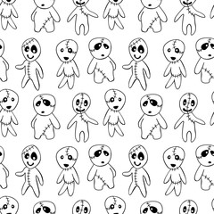 Vector seamless pattern with cute zombies in cartoon style. Outline doodle illustration isolated. Halloween backgrounds and textures. For holiday design, greeting card, wrap, web.