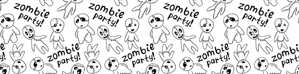 Vector seamless pattern with cute outline zombies in doodle flat style. Zombie party - lettering. Halloween backgrounds and textures.