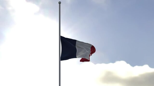French flag half mast in the wind. High bitrate slow motion animation in 4K.