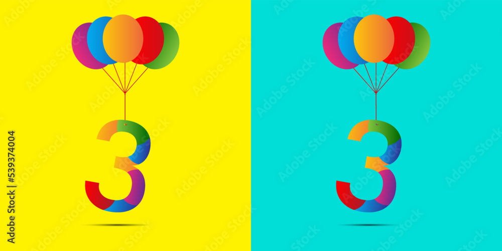 Wall mural 3 number birthday letter logo design with balloons for wish a birthday girl or boy