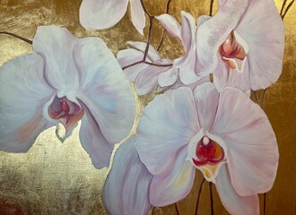 orchid flower painting on the gold background 