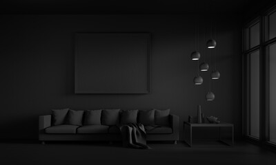Stylish large dark gray painted living room with black sofa, pillows and coffee table - 3D illustration