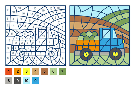 Puzzle Game Pickup Car, Color By Number Sheet For Children. Vector Coloring Page For Learning Numbers