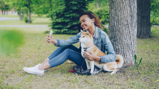 Attractive young African American girl is taking selfie with cute obedient dog resting in city park cuddling and caressing beautiful animal. Modern technology, loving pets and nature concept.