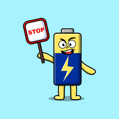 Cute Cartoon mascot illustration Battery with stop sign board vector drawing   