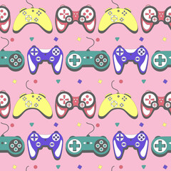 Seamless pattern gamepad in retro style. Game controller vector illustration