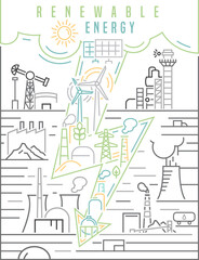 Renewable sustainable energy. Vertical poster. Vector illustration