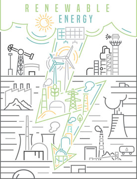 Renewable sustainable energy. Vertical poster. Vector illustration