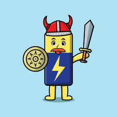 Cute cartoon character Battery viking pirate with hat and holding sword and shield illustration