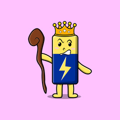 Cute cartoon Battery mascot as wise king with golden crown and wooden stick illustration
