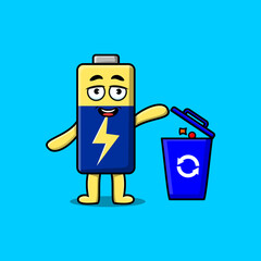 Cute cartoon Battery throwing trash in the trash in flat modern style design illustration