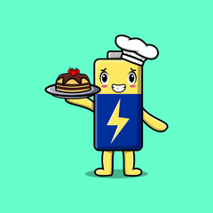 Cute Cartoon chef Battery character serving cake on tray cute style design in flat cartoon style