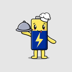 Cute Cartoon chef Battery mascot character serving food on tray cute style design illustration