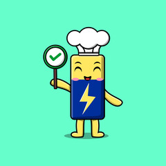 Cute cartoon Battery chef character holding correct sign board in vector character illustration