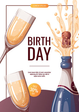 Birthday promo sale flyer with champagne and glasses. Birthday party, celebration, holiday, event, festive, congratulations concept. Vector illustration. Banner, flyer, advertising.