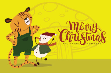 Fototapeta premium Merry christmas and happy new year greeting card design with cute tiger character and little snowman