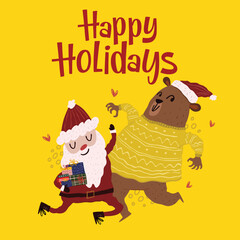 Funny Santa Claus with gifts box and cute bear on happy holidays text in vector