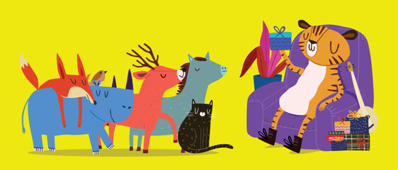 Cute tiger giving a give gift box to friends