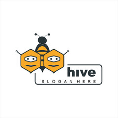 Beehive vector illustration logo design with robot concept with bees.