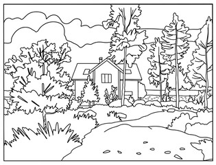 Obraz premium Coloring book . Lovely landscape , farmhouse in the forest . Vector art line background.