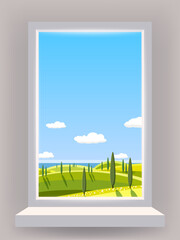 Window view interior, rural landscape, country nature