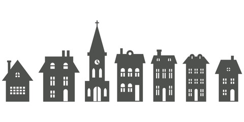 Silhouette of cottages and church in neighborhood. Set of houses on suburban street. Countryside cottagess. Glyph vector illustration.