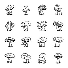 Pack of Mushrooms Hand Drawn Icons 
