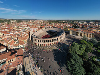 Arena di Verona aerial panoramic view. Arena is a Roman amphitheatre in Piazza Bra square in...