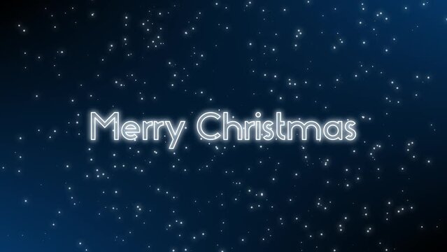 Glowing merry Christmas with animated letters and falling snowflakes background on dark blue and black background as festive Christmas greeting for celebration of holy eve or holy night happy holidays