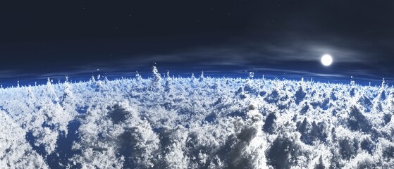 snow clouds at moonrise, clouds panorama, snowy panorama, 3d rendering