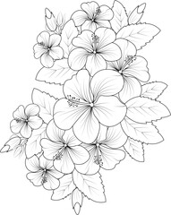 illustration of a hibiscus flower, vector sketch pencil art, bouquet floral coloring page and book isolated on white background clipart.
