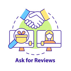 Ask for reviews concept icon. Social media marketing. Business transparency abstract idea thin line illustration. Isolated outline drawing