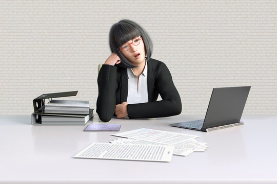 オフィスのテーブルに片手枕で眠そうな疲れた女性社員