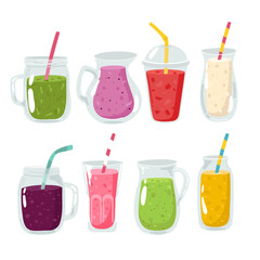 Colorful Set of smoothies. Superfoods and health or detox diet food concept in sketch style