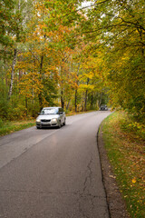 Autumn forest, road and car in motion on a sunny day. Forest.